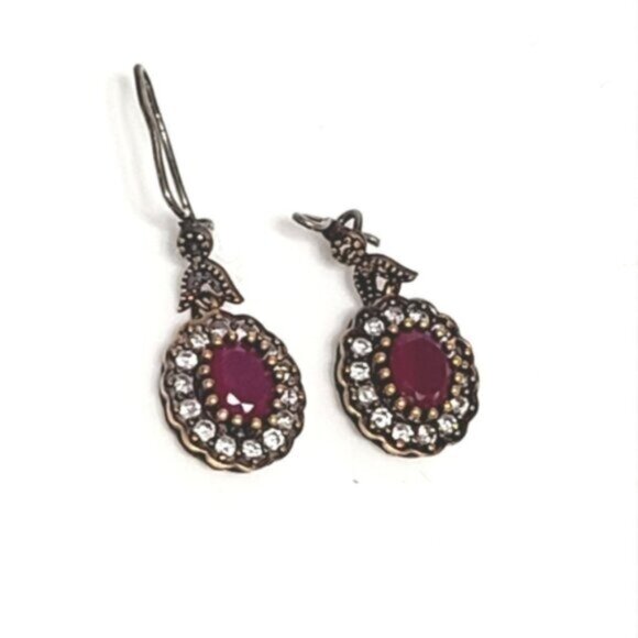 Vintage Antique Boho Sterling Silver Oval Ruby Crystal Halo Earrings - Picture 2 of 6
